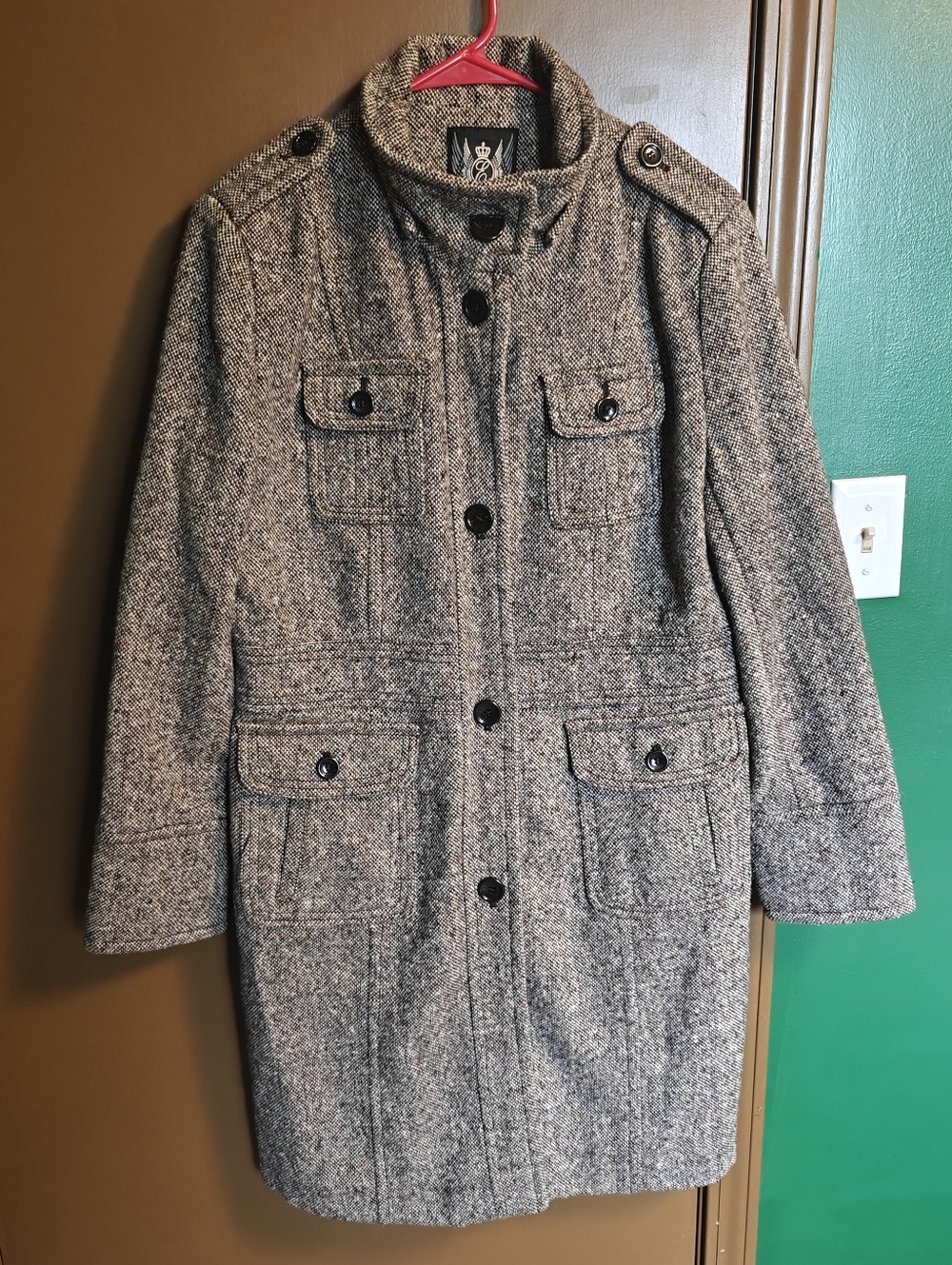 Esprit Gray Herringbone Military-Style Pea Coat - L